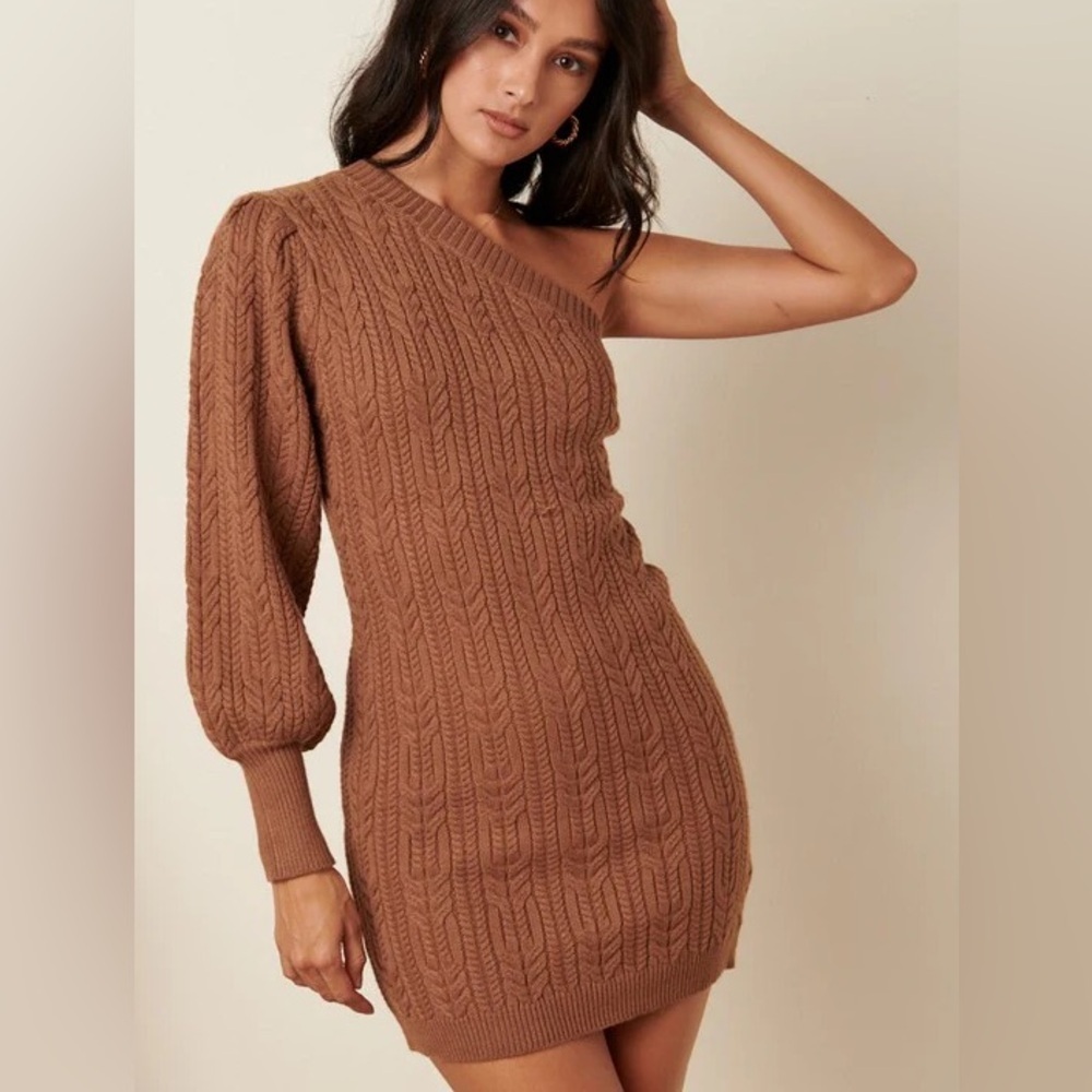 Mittoshop Brown Cable Knit one shoulder Sweater Dress small NWT